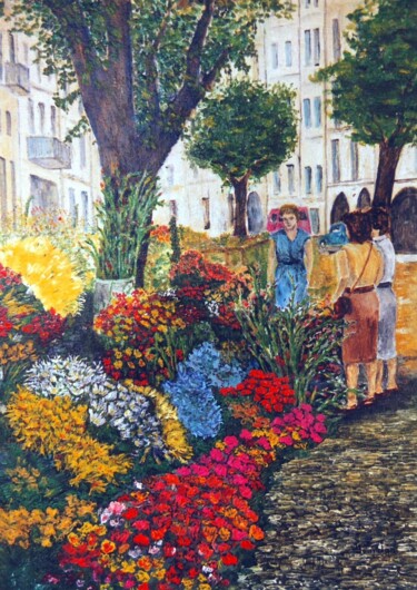 Peinture intitulée "marché aux fleurs" par Jean Jourdan, Œuvre d'art originale, Huile