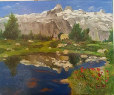 Pintura intitulada "Montagnes-Lac" por Jean-Lou, Obras de arte originais, Óleo