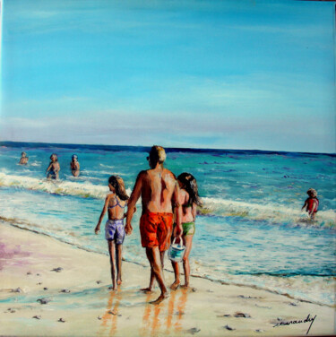 Schilderij getiteld "Famille à la plage" door Jean Louis Renaudin, Origineel Kunstwerk, Acryl