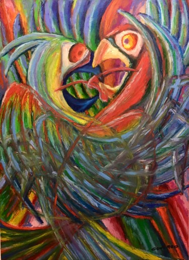 Dessin intitulée "Combat de perroquets" par Jean-Luc Coulaud, Œuvre d'art originale, Pastel