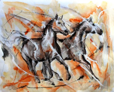 Painting titled "393 Maitres du galop" by Jean-Luc Lopez, Original Artwork, Ink