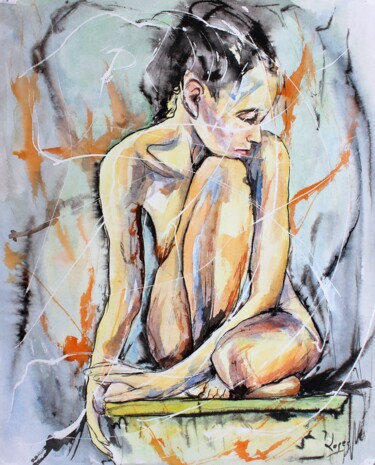 Painting titled "438 Nue à table" by Jean-Luc Lopez, Original Artwork, Ink