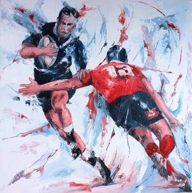 Painting titled "1409 Rugby au treize" by Jean-Luc Lopez, Original Artwork, Oil Mounted on Wood Stretcher frame