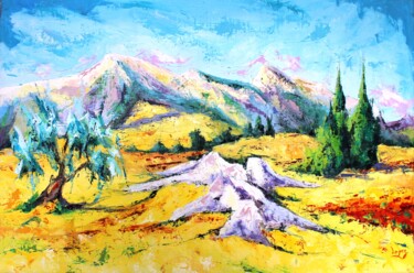 Painting titled "929 Les Alpilles" by Jean-Luc Lopez, Original Artwork, Oil Mounted on Wood Stretcher frame