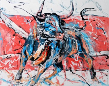 Pittura intitolato "1437 Fier taureau" da Jean-Luc Lopez, Opera d'arte originale, Lacca Montato su Telaio per barella in leg…