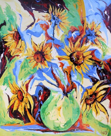 Painting titled "871 Tournesols" by Jean-Luc Lopez, Original Artwork, Lacquer Mounted on Wood Stretcher frame