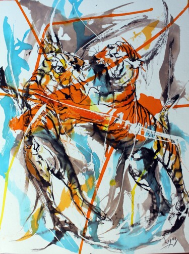 Картина под названием "541 : Combat de tig…" - Jean-Luc Lopez, Подлинное произведение искусства, Чернила