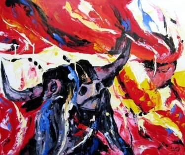 Malerei mit dem Titel "Corrida en rouge et…" von Jean-Luc Lopez, Original-Kunstwerk, Öl Auf Keilrahmen aus Holz montiert