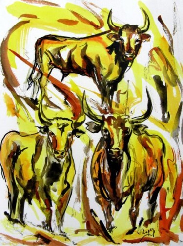Pintura intitulada "Etude de taureaux" por Jean-Luc Lopez, Obras de arte originais, Tinta