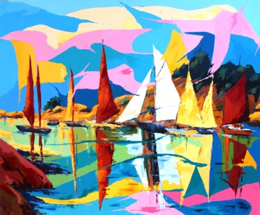 Картина под названием "446 Voiles au port" - Jean-Luc Lopez, Подлинное произведение искусства, Акрил Установлен на Деревянна…