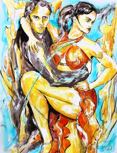 Painting titled "174 Tango en rouge…" by Jean-Luc Lopez, Original Artwork, Watercolor