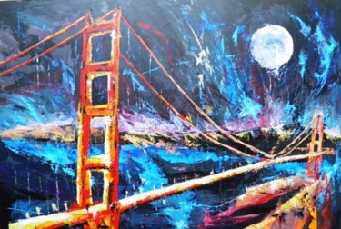 Painting titled "Golden Gate de nuit" by Jean-Luc Lopez, Original Artwork, Oil