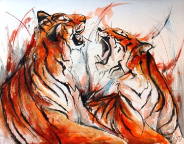 Painting titled "Rencontre de tigres" by Jean-Luc Lopez, Original Artwork, Ink