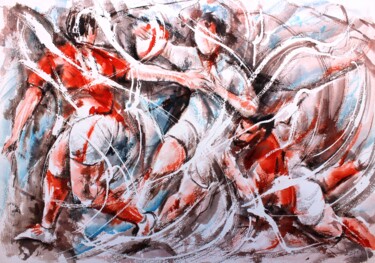 Painting titled "318 Rugby en rouge…" by Jean-Luc Lopez, Original Artwork, Watercolor