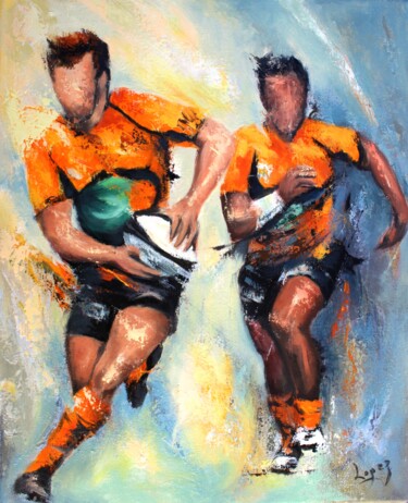 Painting titled "Rugby orange et noir" by Jean-Luc Lopez, Original Artwork, Acrylic