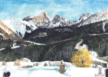 Pintura intitulada "Gummfluh en hiver" por Jean-Marc Allenbach, Obras de arte originais, Aquarela