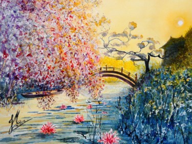 Peinture intitulée "Jardin japonais" par Jean Marc Collombat, Œuvre d'art originale, Aquarelle