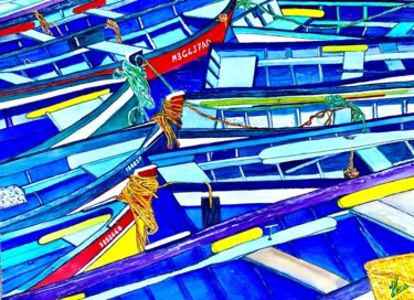 Pintura intitulada "Les barques de pêche" por Jean Marc Collombat, Obras de arte originais, Aquarela