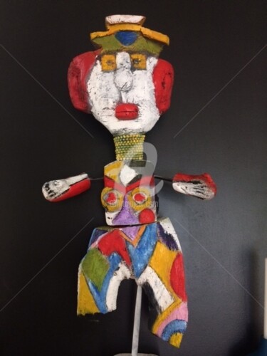 Sculpture titled "clown en bois peint" by Jean Marc Joblot, Original Artwork, Wood