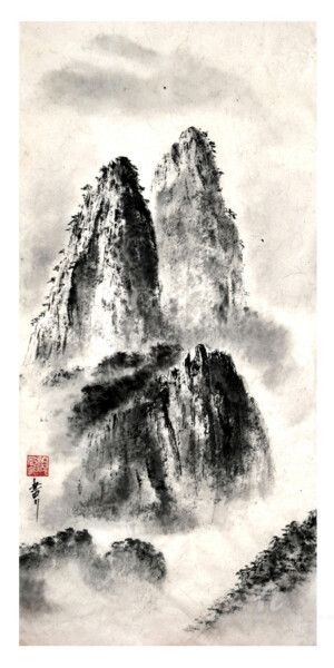 绘画 标题为“Montagnes des Huang…” 由Jean-Marc Moschetti (encre-zen), 原创艺术品, 墨 安装在木质担架架上