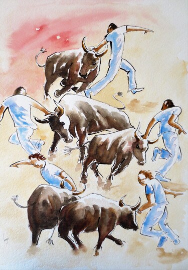 Painting titled "Les Raseteurs" by Jean Marie Lecoix, Original Artwork, Watercolor