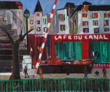 Painting titled "Le long du Canal St…" by Jean-Maxime Relange, Original Artwork, Oil Mounted on Wood Stretcher frame