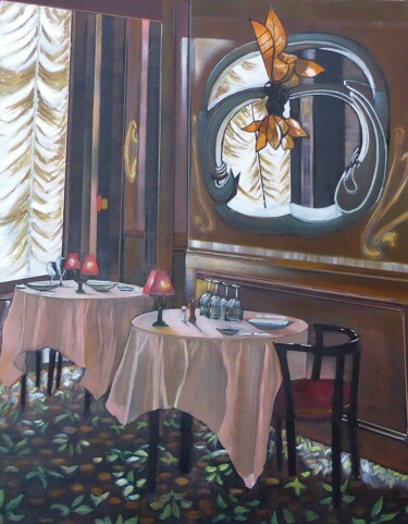 제목이 "le restaurant"인 미술작품 Jean-Michel Yon로, 원작, 기름 나무 들것 프레임에 장착됨