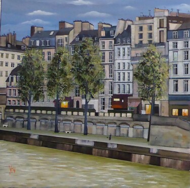 Schilderij getiteld "le quai des grands…" door Jean-Michel Yon, Origineel Kunstwerk, Olie Gemonteerd op Frame voor houten br…