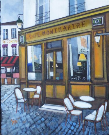 Ζωγραφική με τίτλο "café montmartre" από Jean-Michel Yon, Αυθεντικά έργα τέχνης, Λάδι Τοποθετήθηκε στο Ξύλινο φορείο σκελετό
