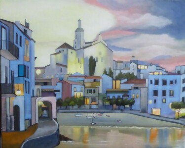 Painting titled "cadaques la nuit" by Jean-Michel Yon, Original Artwork, Oil Mounted on Wood Stretcher frame