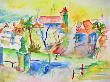 Painting titled "Salies de Béarn 1" by Jean-Noël Le Junter, Original Artwork, Watercolor Mounted on Wood Panel