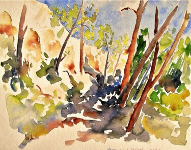 Pintura intitulada "Chemin dans la pinè…" por Jean-Noël Le Junter, Obras de arte originais, Aquarela Montado em Painel de ma…