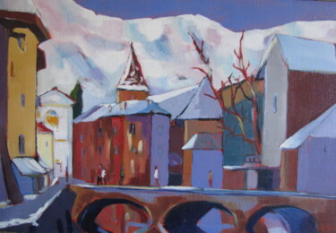 Картина под названием "Annecy en hiver" - Jean-Noël Le Junter, Подлинное произведение искусства, Масло Установлен на Деревян…