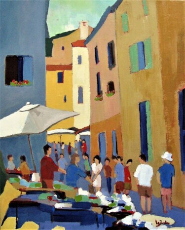 Painting titled "Le marché de Saint-…" by Jean-Noël Le Junter, Original Artwork, Oil Mounted on Wood Stretcher frame