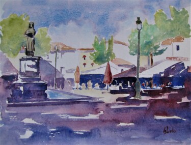 Pintura intitulada "Place Saint-Louis à…" por Jean-Noël Le Junter, Obras de arte originais, Aquarela Montado em Painel de ma…
