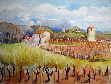 Painting titled "La Mouline, Salagou" by Jean-Noël Le Junter, Original Artwork, Watercolor Mounted on Wood Panel