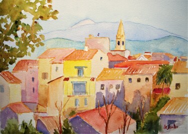 Painting titled "Vue de Sanary" by Jean-Noël Le Junter, Original Artwork, Watercolor Mounted on Wood Panel