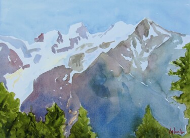 Malerei mit dem Titel "Le massif du Mont-B…" von Jean-Noël Le Junter, Original-Kunstwerk, Aquarell Auf Holzplatte montiert