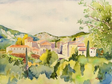 Malerei mit dem Titel "Saint-Guilhem le dé…" von Jean-Noël Le Junter, Original-Kunstwerk, Aquarell Auf Holzplatte montiert