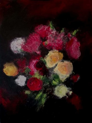 Картина под названием "Roses et dahlias" - Jean Noel Remy, Подлинное произведение искусства, Масло