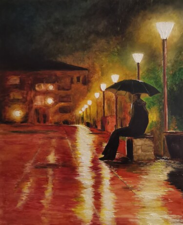 Pittura intitolato "Un soir de pluie ." da Jean Noel Remy, Opera d'arte originale, Olio