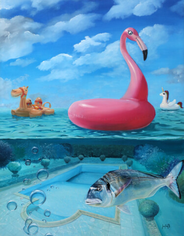 Painting titled "PISCINE À DÉBORDEME…" by Jean-Paul Becker, Original Artwork, Oil Mounted on Wood Stretcher frame