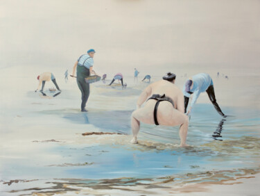 Schilderij getiteld "LE SUMO" door Jean-Paul Becker, Origineel Kunstwerk, Olie Gemonteerd op Frame voor houten brancard