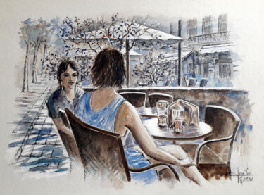 Malerei mit dem Titel "Conversation" von Jean-Paul Ramon, Original-Kunstwerk, Aquarell