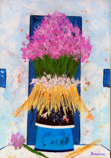 Painting titled "Fleurs sur fond bleu" by Jean-Pierre Borderie, Original Artwork, Acrylic