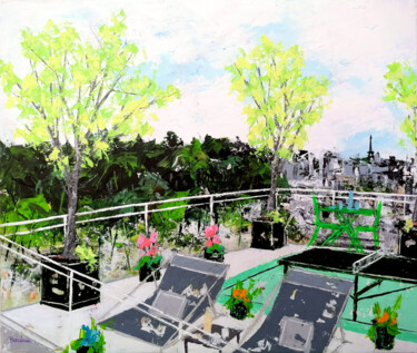 Painting titled "La terrasse aux arb…" by Jean-Pierre Borderie, Original Artwork, Acrylic Mounted on Wood Stretcher frame