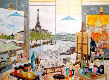 Картина под названием "Atelier Parisien." - Jean-Pierre Borderie, Подлинное произведение искусства, Акрил Установлен на Дере…