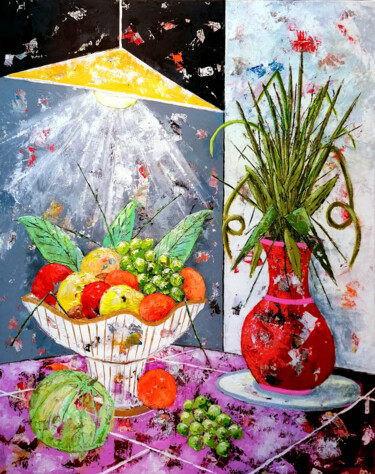 Painting titled "Corbeille de fruits…" by Jean-Pierre Borderie, Original Artwork, Acrylic Mounted on Wood Stretcher frame