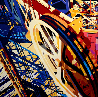 Painting titled "ROUE § CABLES" by Jean-Pierre Bru, Original Artwork, Acrylic Mounted on Wood Stretcher frame