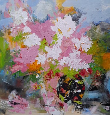 Painting titled "Les fleurs roses et…" by Jean-Pierre Duquaire, Original Artwork, Acrylic Mounted on Wood Stretcher frame